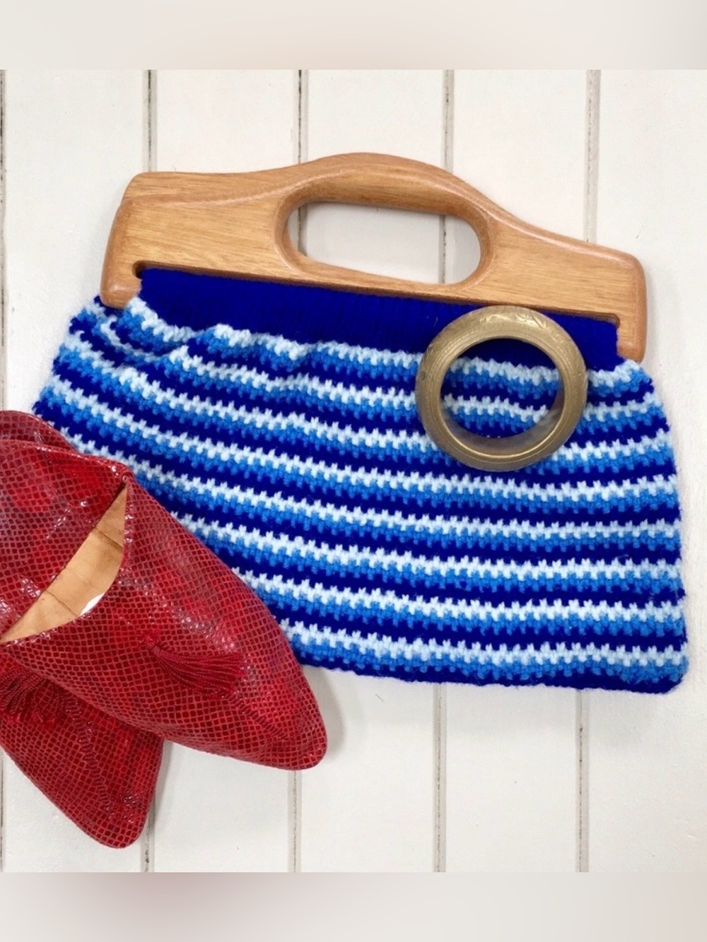 Boho Vintage Blue Striped Crochet Purse with Wood Top Handle